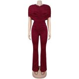 Women's Elegant Fashion Ruched Textured Solid Color Wide Leg Jumpsuit