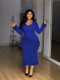 Solid Color U-Neck Long Sleeve Textured Pleated Slim Fit Bodycon Midi Dress