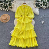 Beaded Lantern Sleeve Lace-Up Slim Waist Slim Fit Chic Ruffle Pleated Dress