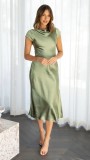 Women's Solid Color Satin Cowl Neck Back Knot Short Sleeve Midi Formal Dress