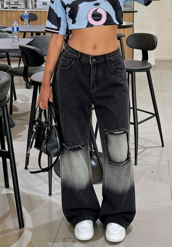 Streetwear Ripped Patched Straight Denim Pants
