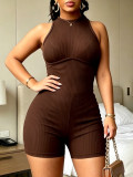 Women's Solid Elastic Ribbed One-Piece Halter Neck Elegant Slim Fit High Waist Romper