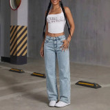 Summer Light Blue Low Waist Loose Straight Denim Long Pants