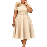 Women's Plus Size High Waist Round Neck Floral A-Line Solid African Dress