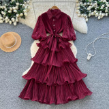 Beaded Lantern Sleeve Lace-Up Slim Waist Slim Fit Chic Ruffle Pleated Dress