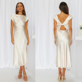 Women's Solid Color Satin Cowl Neck Back Knot Short Sleeve Midi Formal Dress
