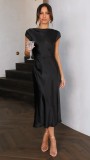 Women's Solid Color Satin Cowl Neck Back Knot Short Sleeve Midi Formal Dress