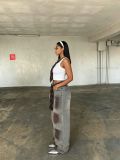 Rose Embroidered Dirty Dye Denim Pants