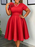 Women's Plus Size High Waist Round Neck Floral A-Line Solid African Dress