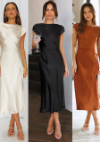Women's Solid Color Satin Cowl Neck Back Knot Short Sleeve Midi Formal Dress