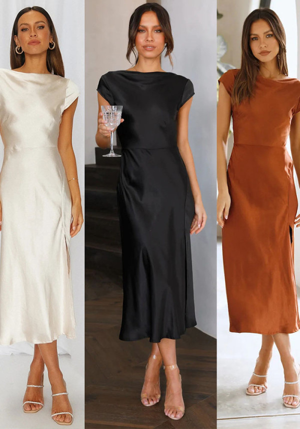 Women's Solid Color Satin Cowl Neck Back Knot Short Sleeve Midi Formal Dress