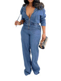 Long Sleeve Solid Color Denim Zipper Hooded Jumpsuit