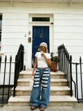 Streetwear Unique Black and White Striped Letter Patch Contrast Color Women's Denim Pants