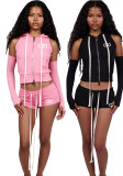 Women's Sexy Fashion Sleeve Cover Zipper Solid Casual 2-Piece Shorts Set