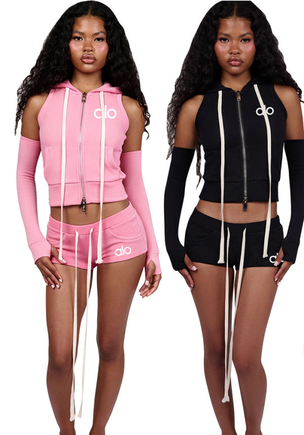 Women's Sexy Fashion Sleeve Cover Zipper Solid Casual 2-Piece Shorts Set