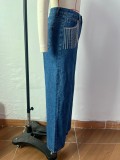 Women's High Waist Fashion Rhinestone Long Denim Jeans