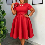 Women's Plus Size High Waist Round Neck Floral A-Line Solid African Dress