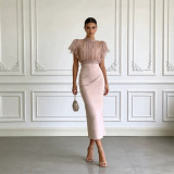 Fashion See-Through Mesh Lace-Up Slim Waist Top with Strap Bodycon Dress Set