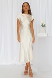 Women's Solid Color Satin Cowl Neck Back Knot Short Sleeve Midi Formal Dress