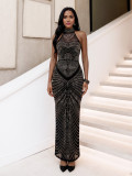 Fashion Sleeveless Rhinestone Round Neck Back Slit Formal Evening Dress