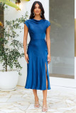 Women's Solid Color Satin Cowl Neck Back Knot Short Sleeve Midi Formal Dress