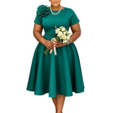 Women's Plus Size High Waist Round Neck Floral A-Line Solid African Dress