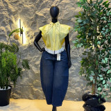 Women's Summer Fashion Trendy Striped Beaded Patchwork Short Sleeve Shirt