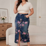 Plus Size High Waist Floral Print Front Slit Bodycon Long Denim Skirt