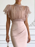 Fashion See-Through Mesh Lace-Up Slim Waist Top with Strap Bodycon Dress Set