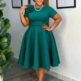 Women's Plus Size High Waist Round Neck Floral A-Line Solid African Dress