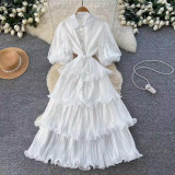 Beaded Lantern Sleeve Lace-Up Slim Waist Slim Fit Chic Ruffle Pleated Dress