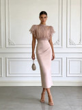 Fashion See-Through Mesh Lace-Up Slim Waist Top with Strap Bodycon Dress Set