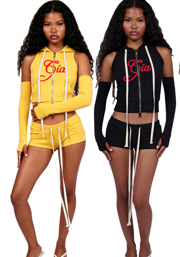 Women's Sexy Fashion Sleeve Cover Zipper Solid Casual 2-Piece Shorts Set
