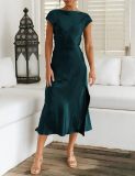 Women's Solid Color Satin Cowl Neck Back Knot Short Sleeve Midi Formal Dress