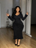Solid Color U-Neck Long Sleeve Textured Pleated Slim Fit Bodycon Midi Dress