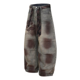 Rose Embroidered Dirty Dye Denim Pants