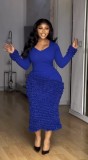 Solid Color U-Neck Long Sleeve Textured Pleated Slim Fit Bodycon Midi Dress
