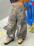 Streetwear Leopard Print Wide Leg Denim Pants