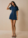 Women's Solid Color Denim Turndown Collar Metal Button Slim Waist Casual Short Sleeve Dress