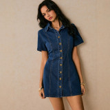 Women's Solid Color Denim Turndown Collar Metal Button Slim Waist Casual Short Sleeve Dress