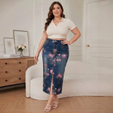 Plus Size High Waist Floral Print Front Slit Bodycon Long Denim Skirt