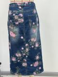 Plus Size High Waist Floral Print Front Slit Bodycon Long Denim Skirt