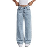Summer Light Blue Low Waist Loose Straight Denim Long Pants