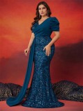 Plus Size Elegant Sequin V-Neck Short Sleeve Mother of the Bride Cocktail Party Prom Gown（Processing time need 3-6 days）