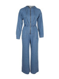 Long Sleeve Solid Color Denim Zipper Hooded Jumpsuit