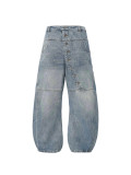 Streetwear Asymmetric Slanted Button Design Denim Pants