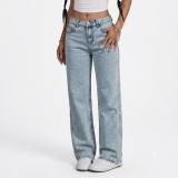 Summer Light Blue Low Waist Loose Straight Denim Long Pants
