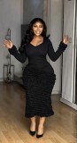 Solid Color U-Neck Long Sleeve Textured Pleated Slim Fit Bodycon Midi Dress