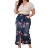 Plus Size High Waist Floral Print Front Slit Bodycon Long Denim Skirt