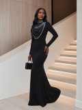 Beaded Long Sleeve Mermaid Long Evening Gown